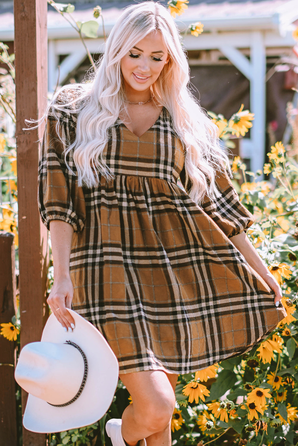 Brown Plaid Pattern Empire Waist Babydoll Dress