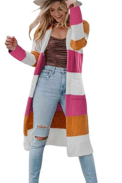 Multicolor Knitted Color Block Open Front Long Cardigan