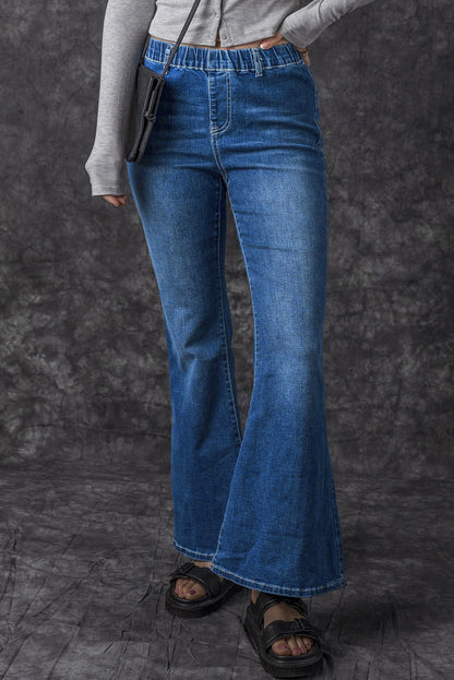 Blue Elastic High Waist Flare Jeans