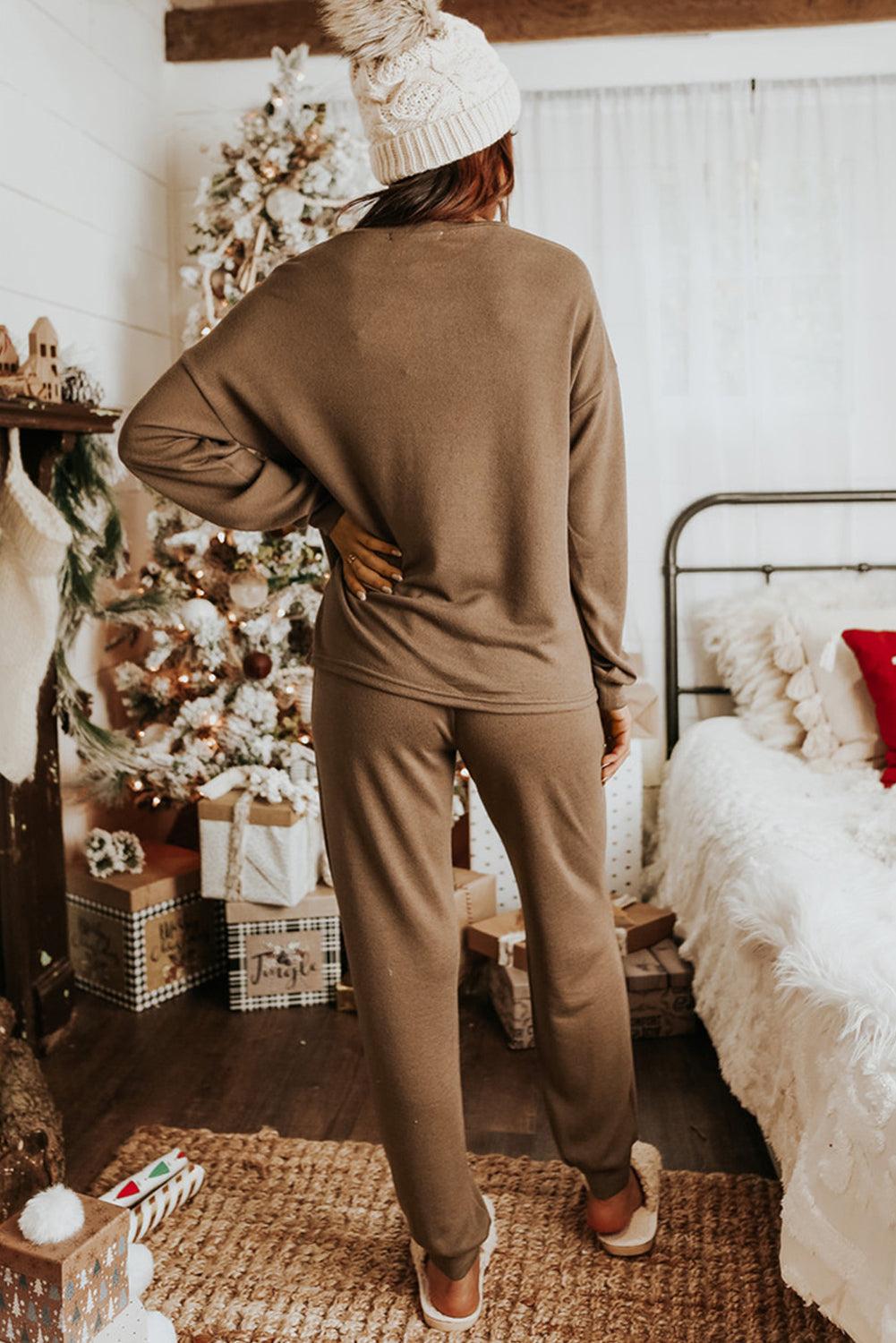 Red Casual Long Sleeve Pullover & Joggers Pajamas Set