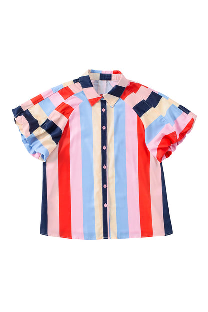 Multicolor Color Block Striped Puff Sleeve Buttoned Shirt