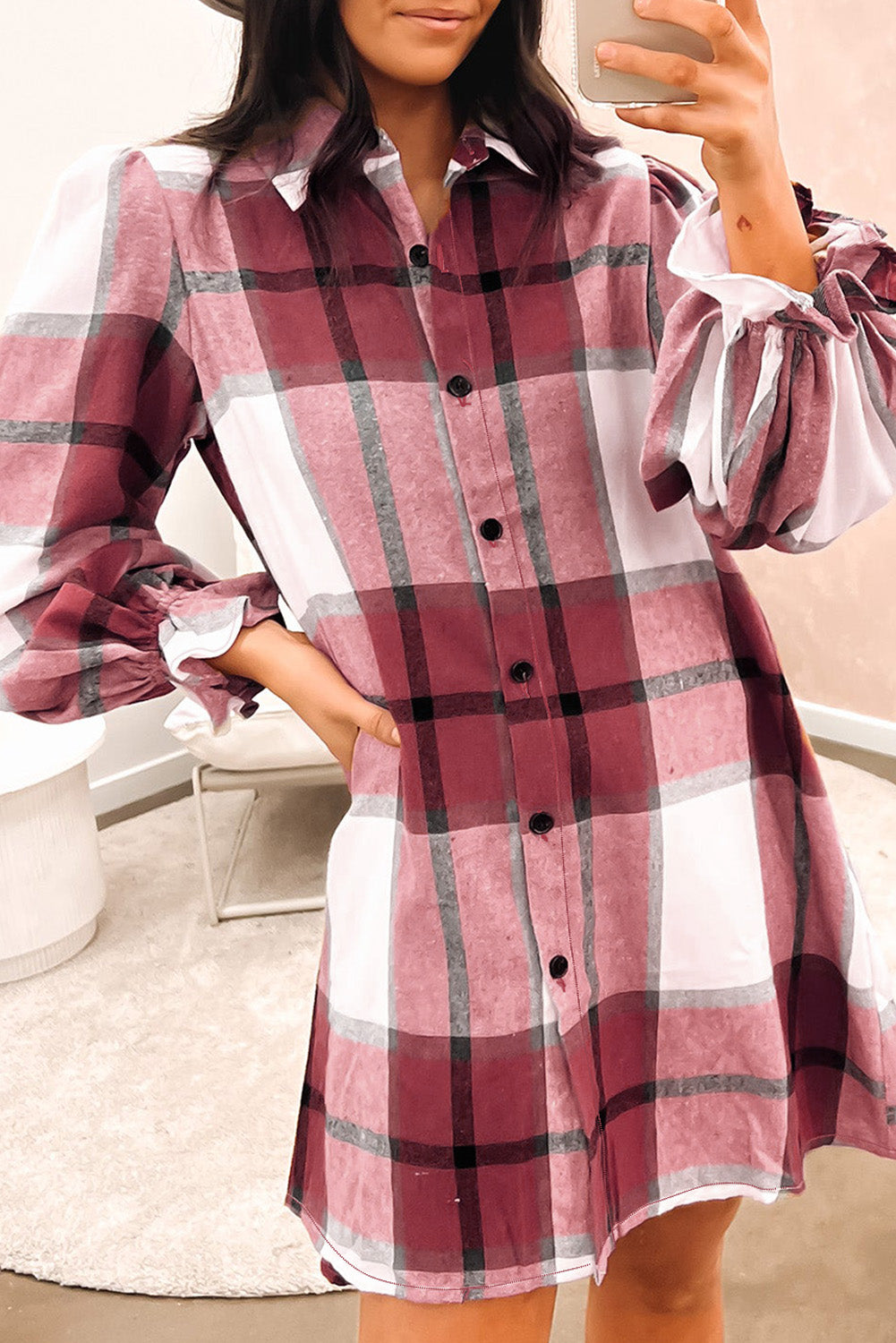 Brown Plaid Collared Ruffle Sleeve Button Up Shirt Dress