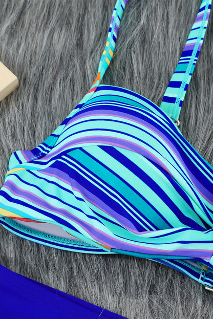 Sky Blue & Stripe Print Sexy Twisted Bikini Set