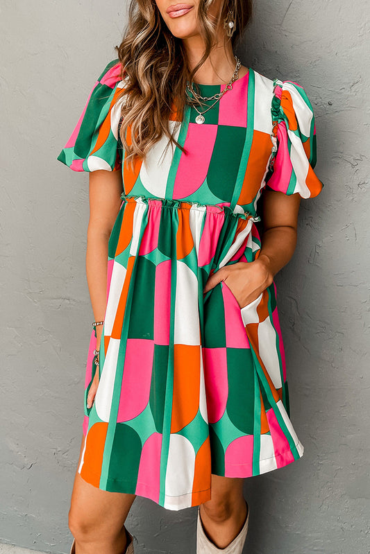 Green Abstract Print Puff Sleeve Short Dress