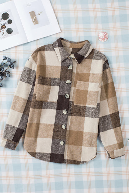 Grey Plaid Color Block Pockets Buttoned Shacket