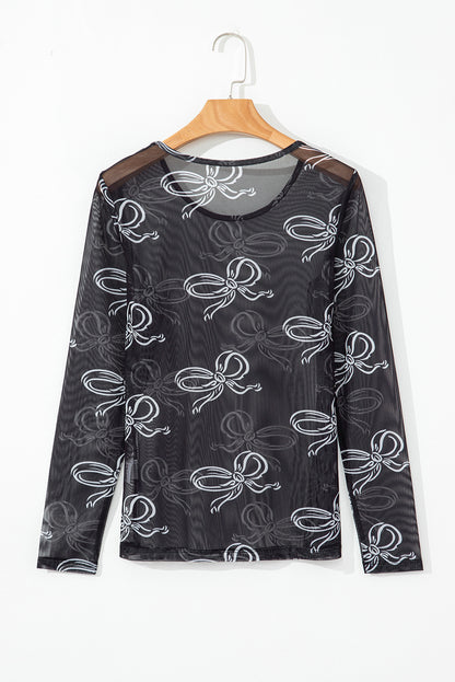 Black Round Neck Bow Print Long Sleeve Mesh Top