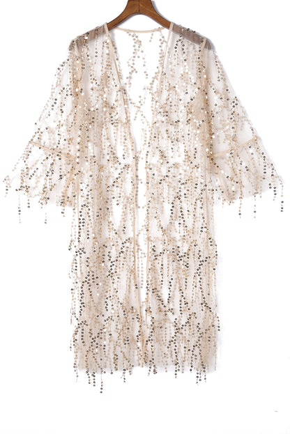 White Sequin Sheer Casual Open Front Cover Up