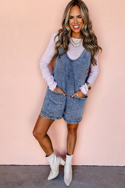 Dusk Blue Sleeveless U Neck Patched Pocket Denim Romper