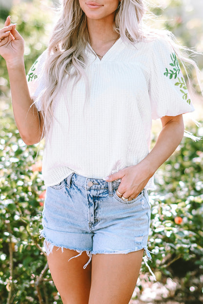 White Floral Embroidered Puff Sleeve Notched Neck Blouse