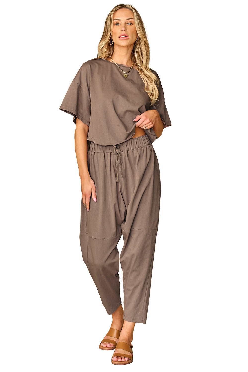 Simply Taupe High Low Boxy Fit Tee and Crop Pants Set