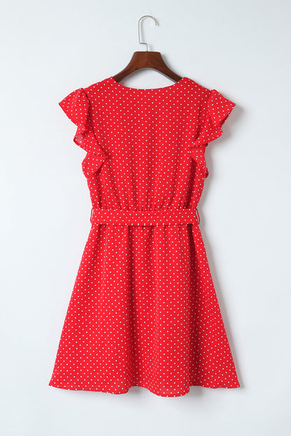 Fiery Red Polka Dot V Neck Ruffle Sleeve Dress