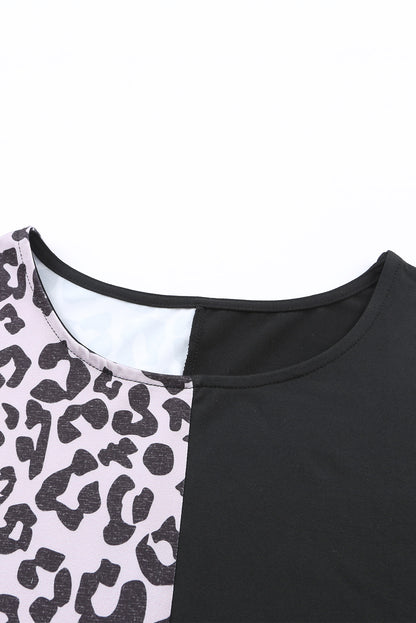 Black Half Leopard Patchwork Short Sleeves Top