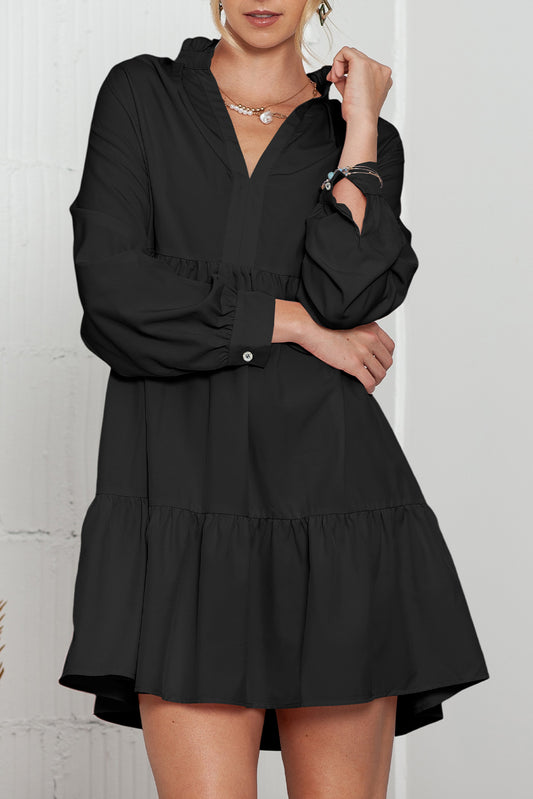 Black Elegant Stand V Neck Short Frill Dress