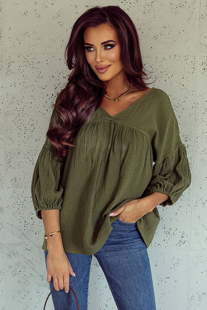 Green Textured V Neck Bracelet Sleeve Babydoll Blouse