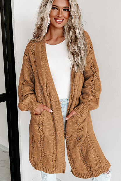 Red Ribbed Trim Hollow Knit Side Slits Cardigan