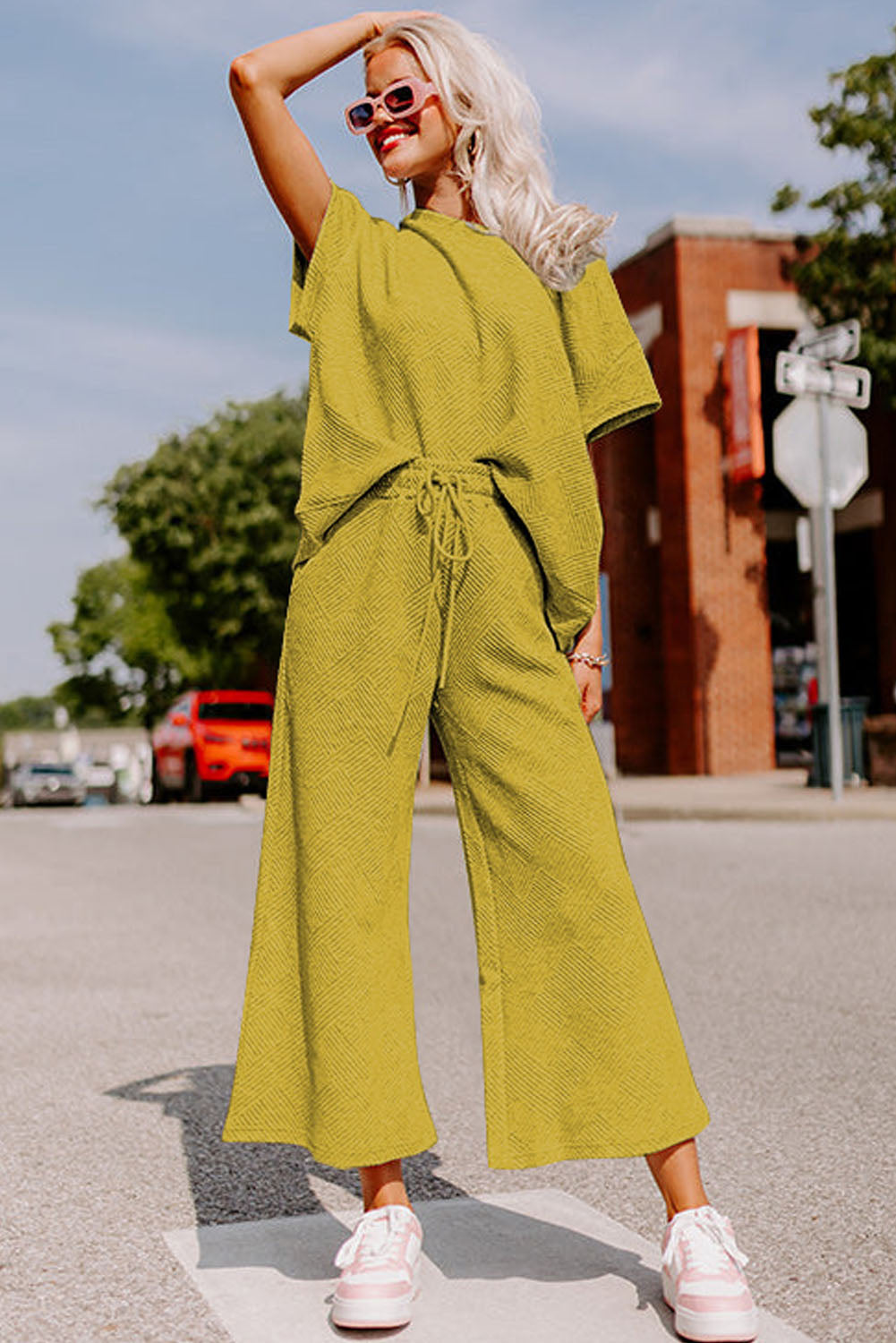 Black Textured Loose Fit T Shirt and Drawstring Pants Set