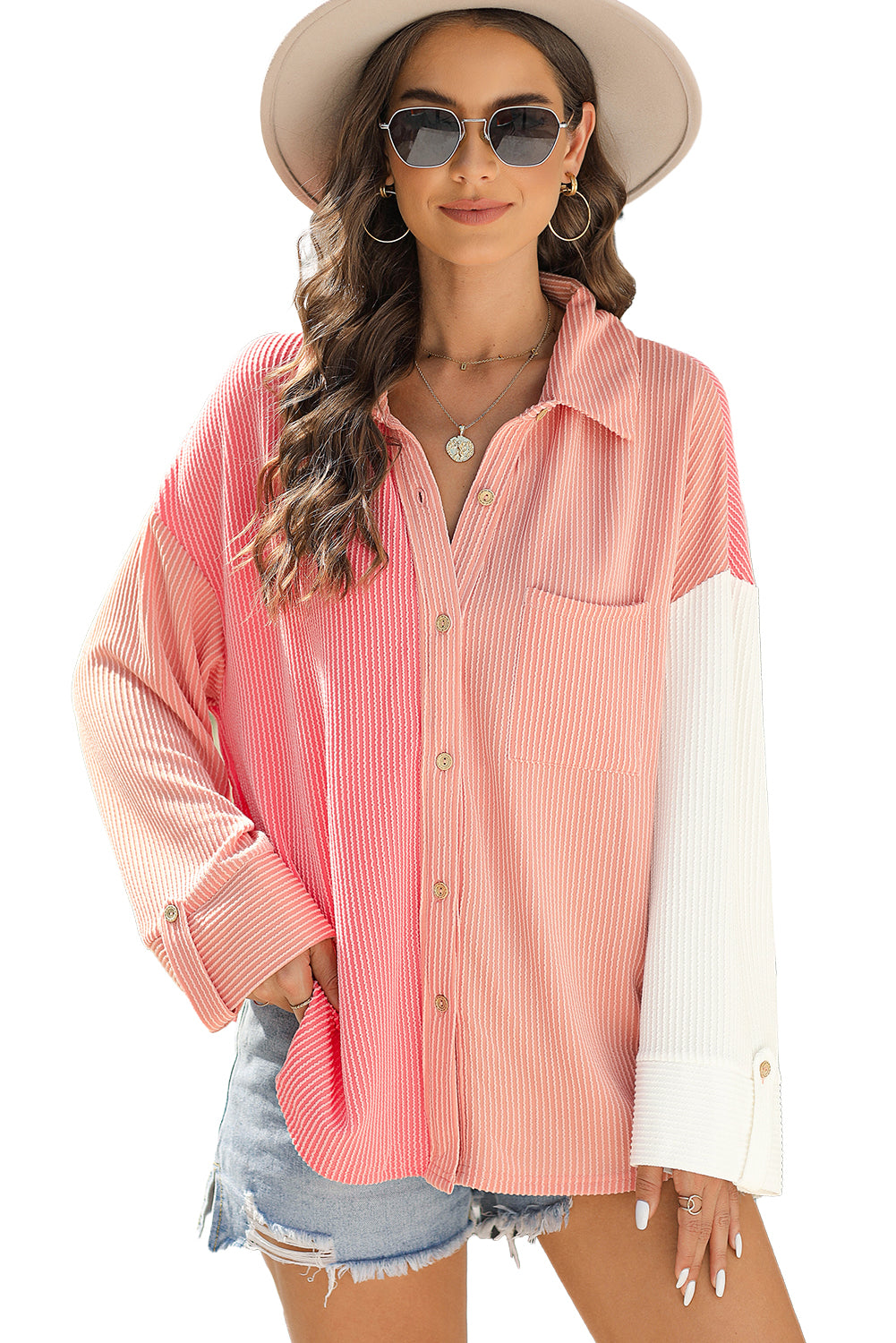 Pink Ribbed Colorblock Drop Shoulder Shirt with Pocket