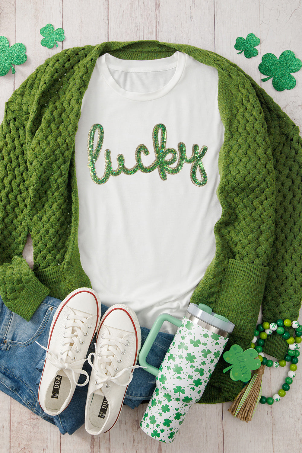 White Sequined Lucky St.Patricks Day Graphic Tee