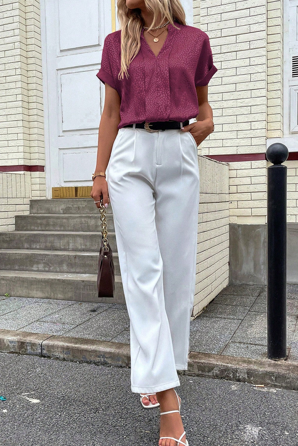 Red Leopard Print Rolled Sleeve V Neck Blouse