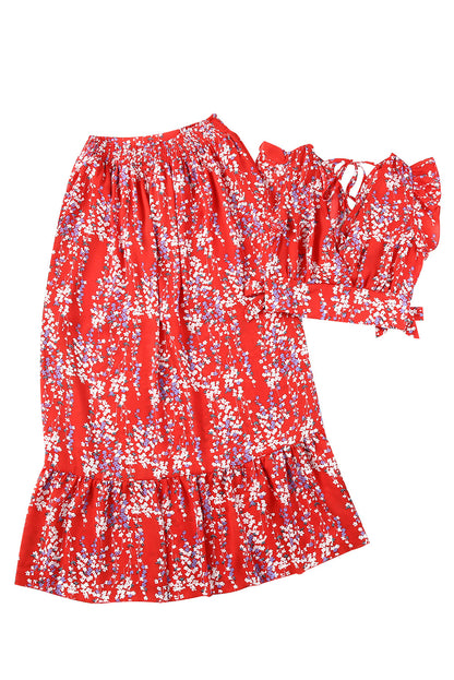 Fiery Red Multicolor Floral Ruffled Crop Top and Maxi Skirt Set