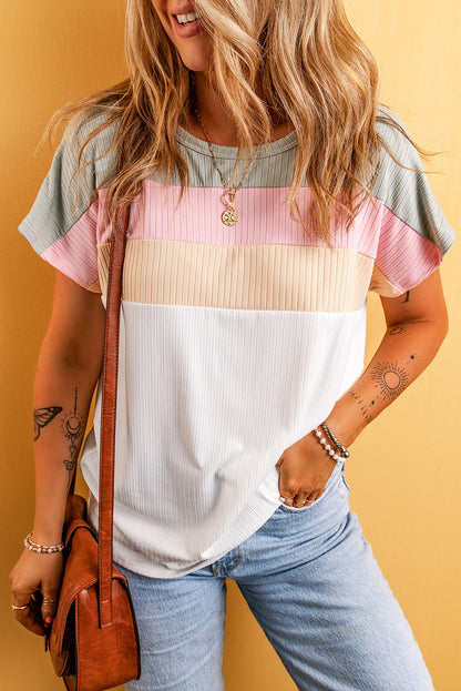 White Ribbed Color Block Patchwork T-shirt