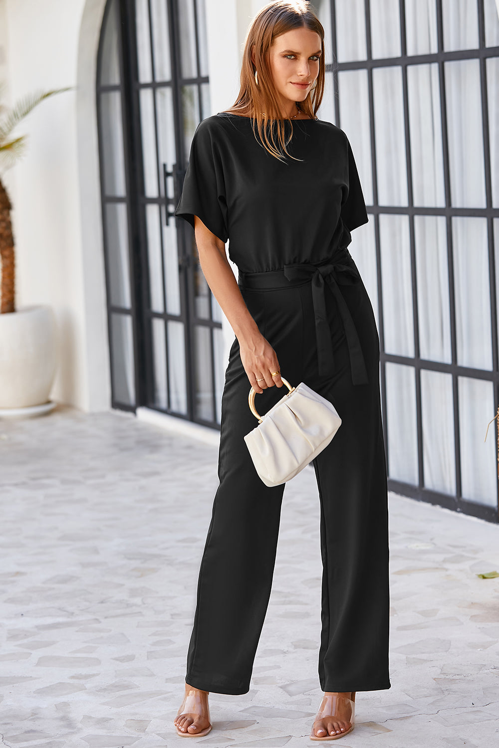 Black Belted Wide Leg Jumpsuit