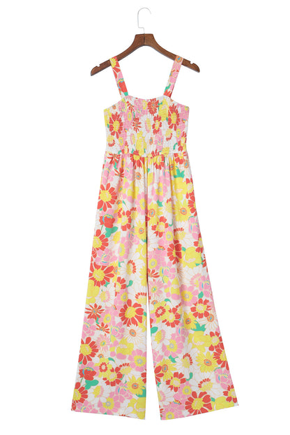 Multicolor Floral Print Shirred Sleeveless Wide Leg Jumpsuit