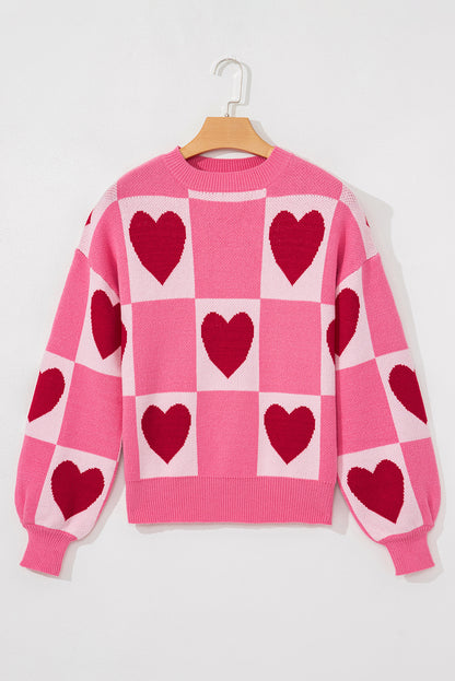 Pink Love Heart Checkered Valentine Crew Neck Sweater