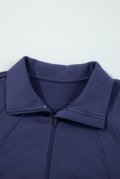 Navy Blue Fleece Lined Zip Up Stand Collar Thumbhole Sleeve Sweatshirt