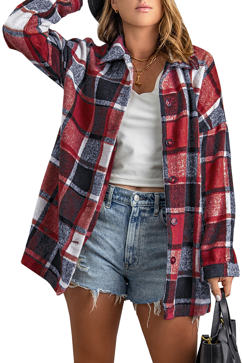 Orange Plaid Button Up Long Sleeve Flannel Shacket