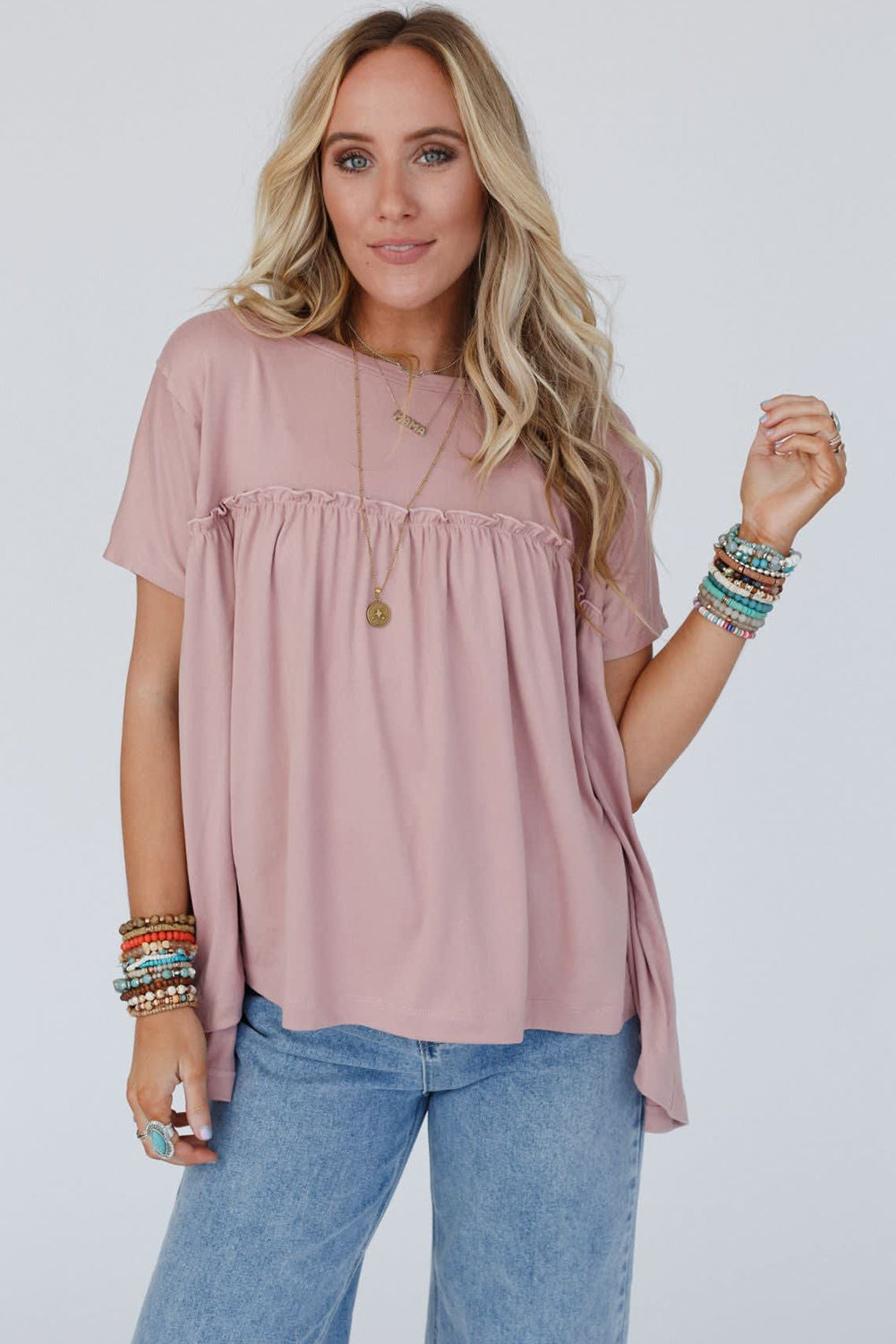 Light Pink Ruffled Trim Loose Babydoll Tee