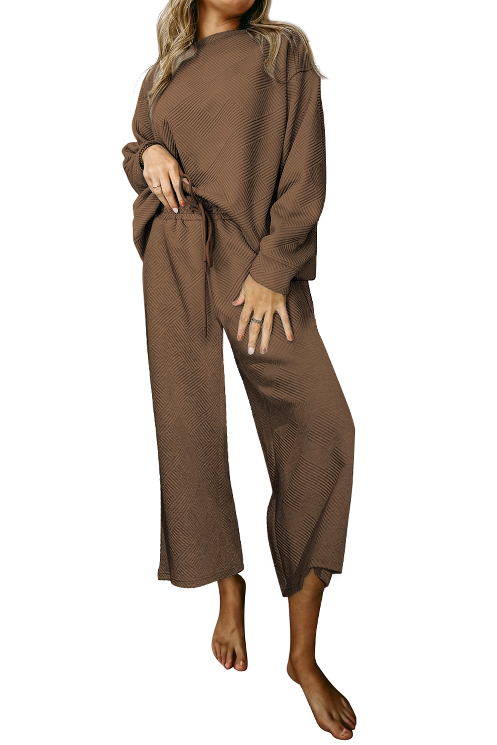 Dark Khaki Textured Loose Slouchy Long Sleeve Top and Pants Set