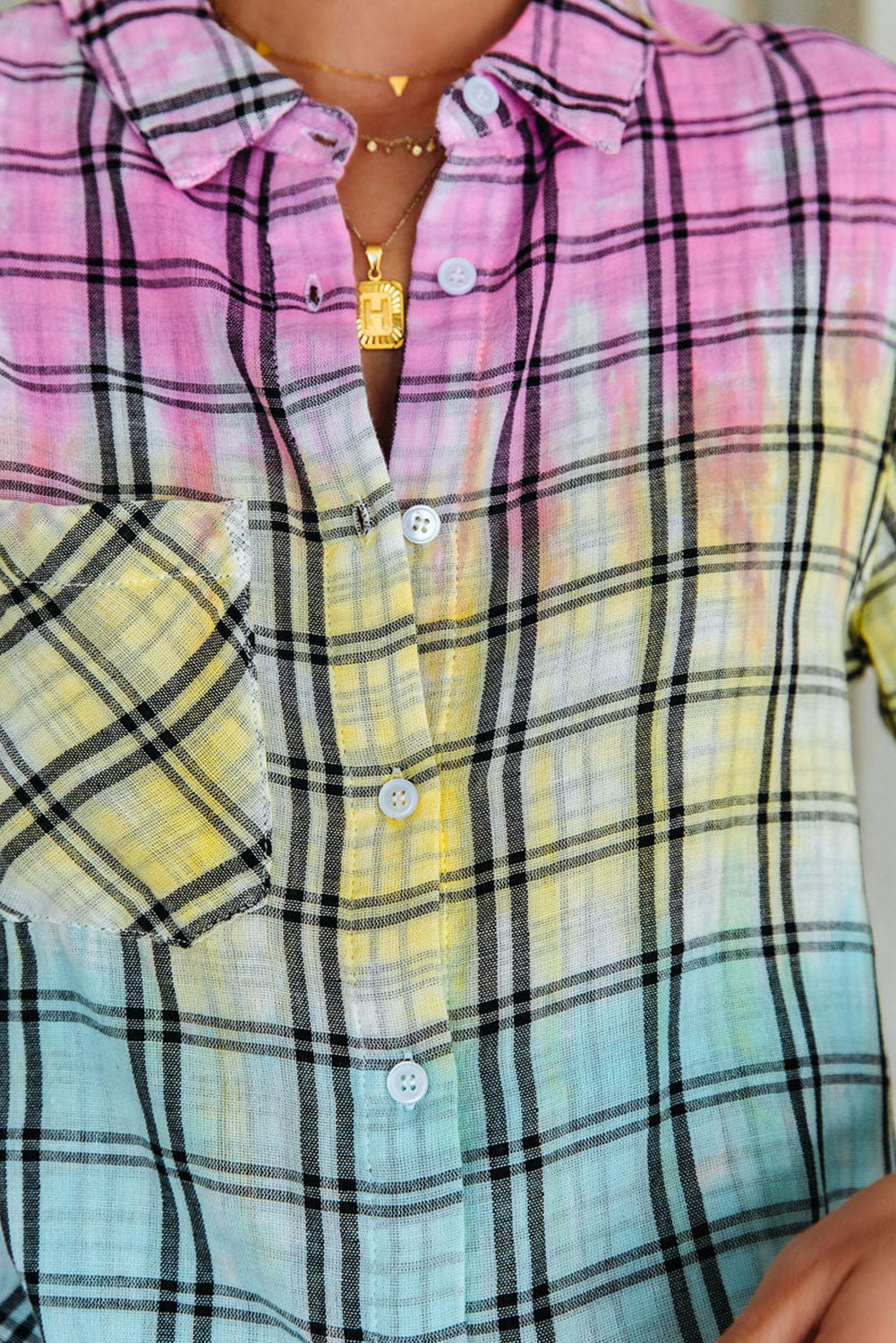 Multicolor Tie Dye Plaid Button Up Shirt