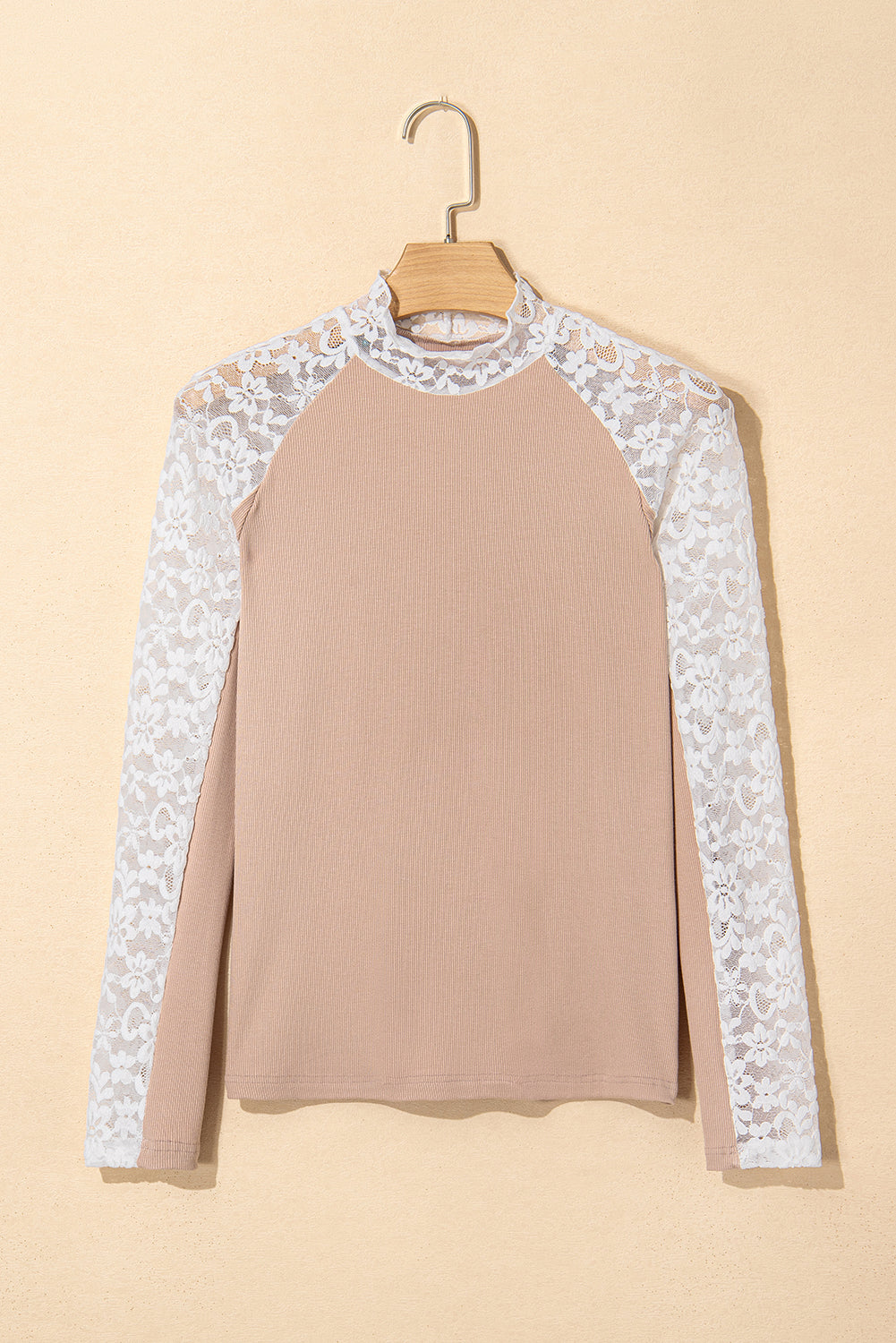 Smoke Gray Floral Lace Patchwork Long Sleeve High Neck Slim Top