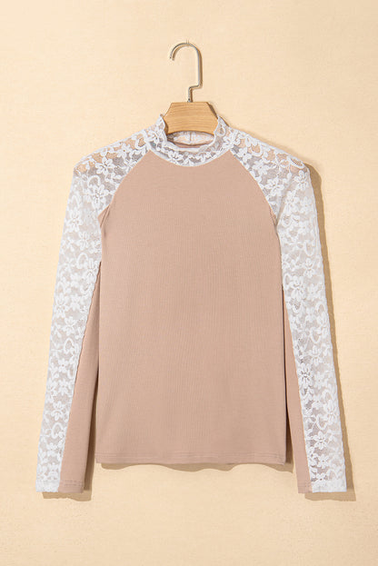 Smoke Gray Floral Lace Patchwork Long Sleeve High Neck Slim Top