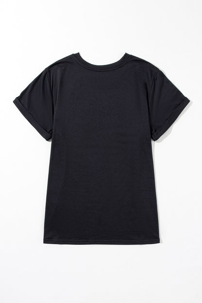 Black Round Neck Rolled Sleeve Plus Size T-shirt