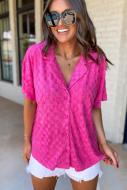 Bright Pink Lapel Neck Checkered Textured Short Sleeve Shirt