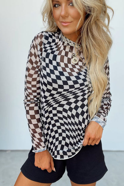 Black Checkered Pattern Mesh Mock Neck Long Sleeve Top